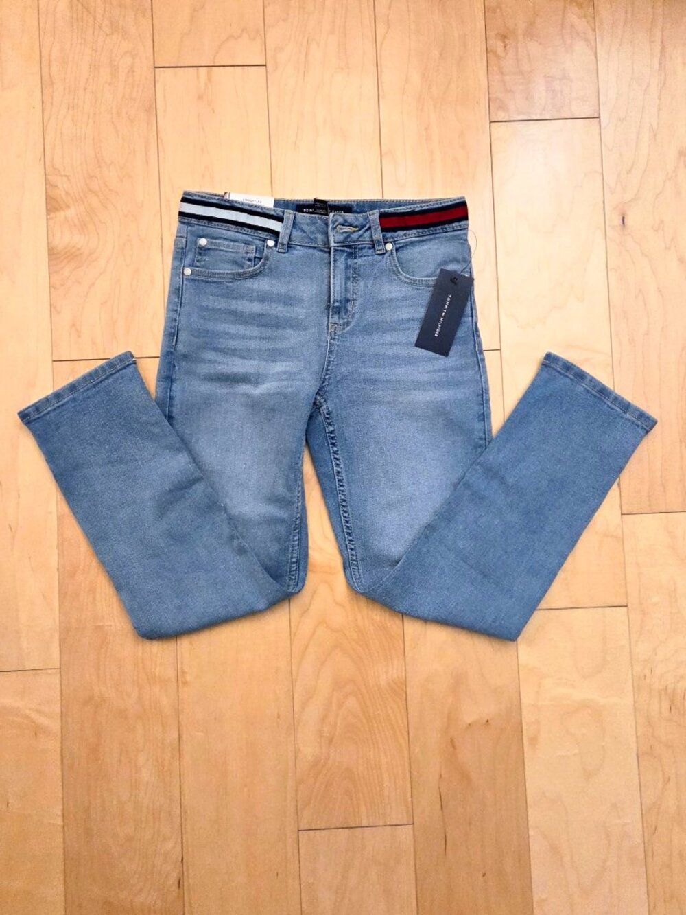 Tommy Hilfiger sz 10 Girl Relaxed Straight Leg Jeans with Red White Blue Ribbon